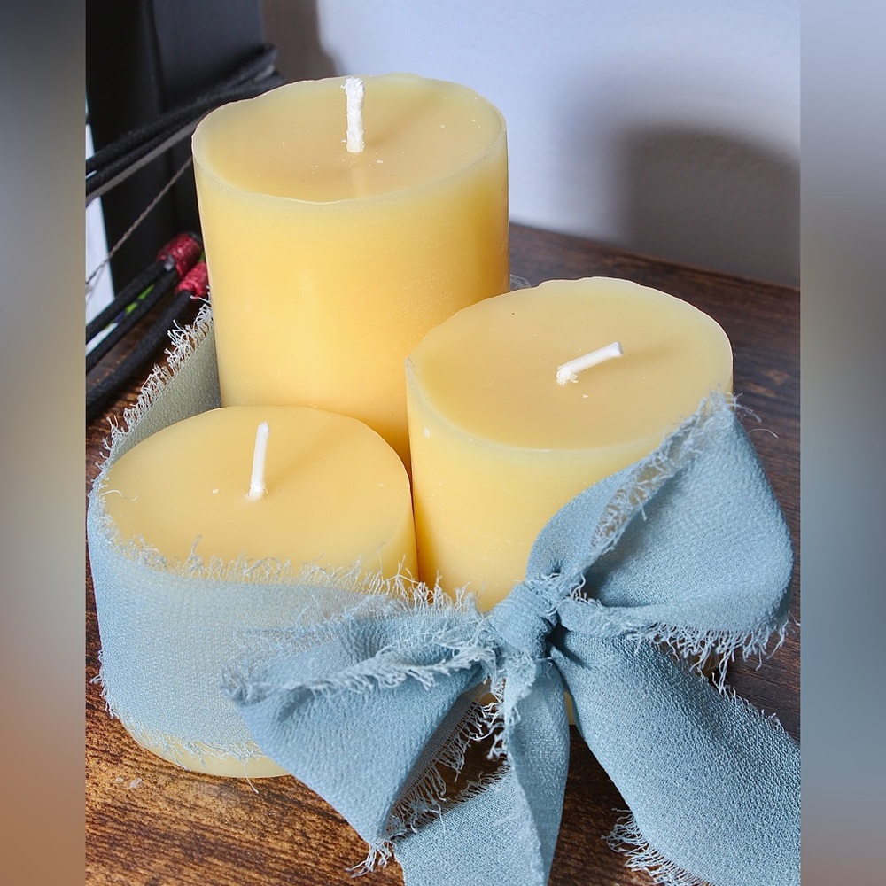 Yellow Beeswax Set of 3 Pillar Candles 100% Natural Pure Honey Bees Wax Handmade